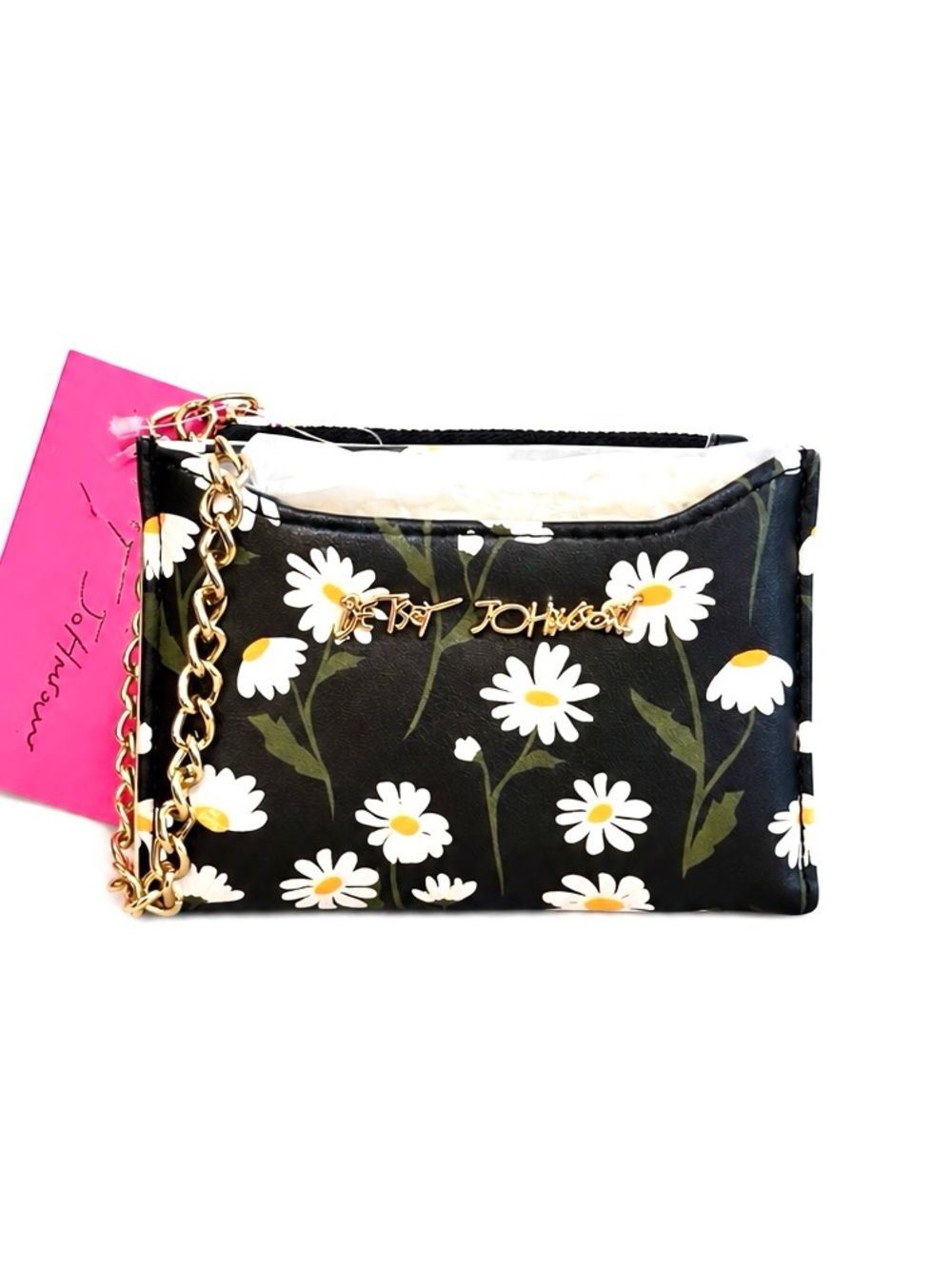 Betsey Johnson Black Daisy Floral Card Holder Wristlet/ Wallet NWT